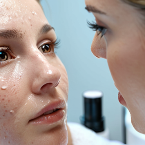 Home 4 **Close-up of a woman's face during a skin analysis consultation, showing advanced equipment analyzing moisture levels and pore condition. Focus on the professional environment and the personalized approach.**