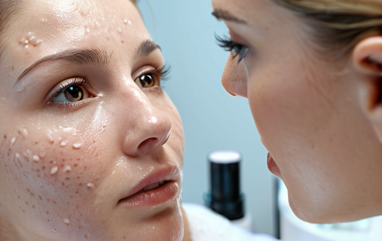 **Close-up of a woman's face during a skin analysis consultation, showing advanced equipment analyzing moisture levels and pore condition. Focus on the professional environment and the personalized approach.**