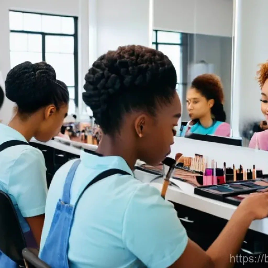 메이크업 실기 합격률 높은 학원 - A bright and modern makeup academy classroom. In the foreground, a diverse group of young adult stud...