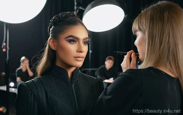 메이크업 실기 합격률 높은 학원 - A bright and modern makeup academy classroom. In the foreground, a diverse group of young adult stud...