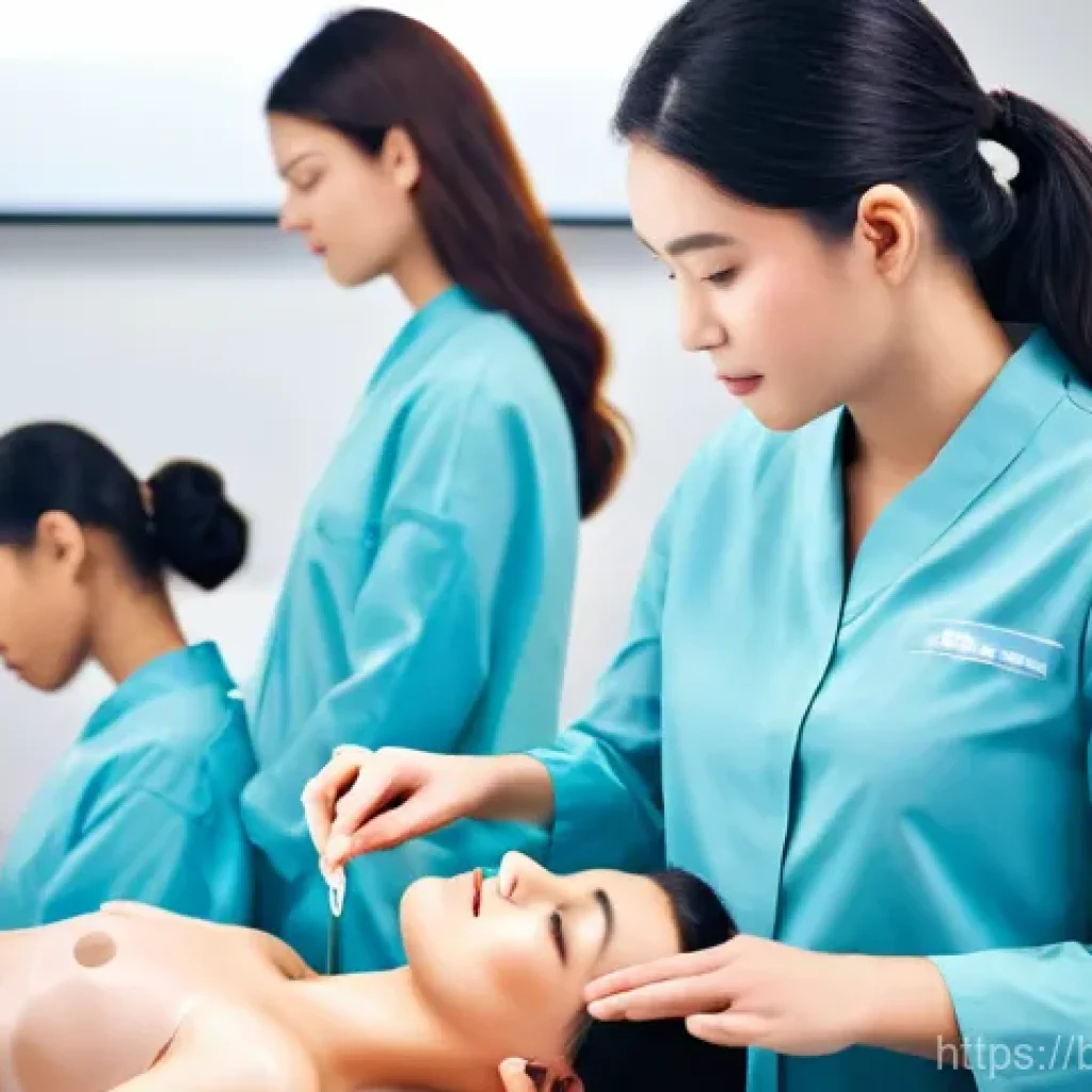 피부 미용 자격증 실무 중심 학습법 - **Image Prompt 1:** A brightly lit, modern skin care academy classroom. Several students in clean, p...