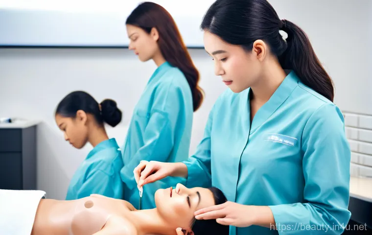 피부 미용 자격증 실무 중심 학습법 - **Image Prompt 1:** A brightly lit, modern skin care academy classroom. Several students in clean, p...