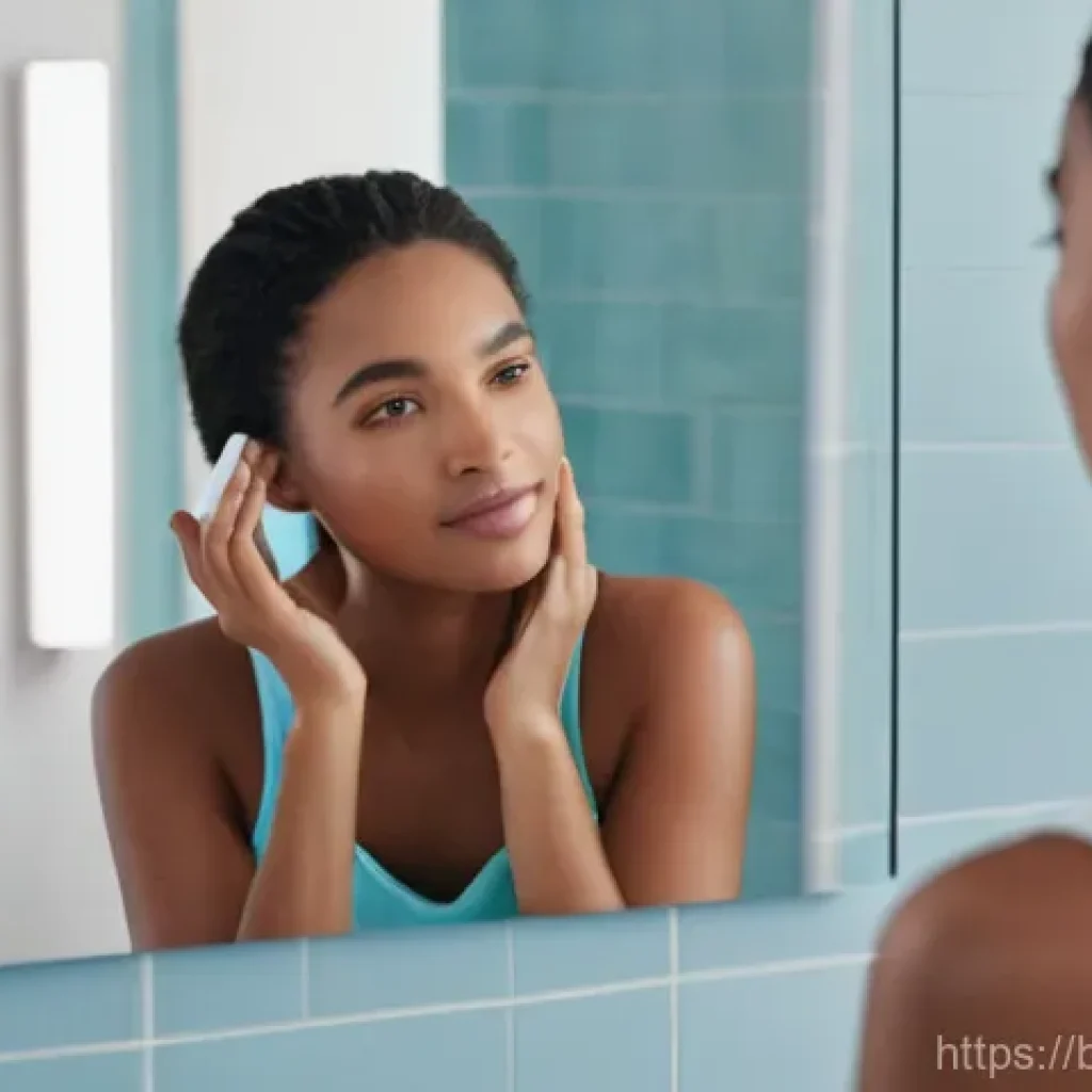 피부 관리 실습 시 주의사항 - **Prompt 1: Understanding and Customizing Skincare.**
A serene portrait of a young adult woman (...