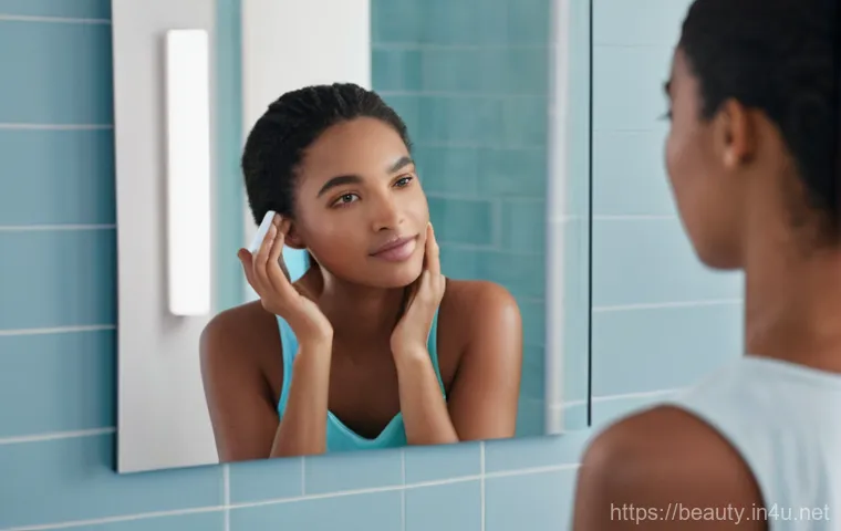 피부 관리 실습 시 주의사항 - **Prompt 1: Understanding and Customizing Skincare.**
A serene portrait of a young adult woman (...