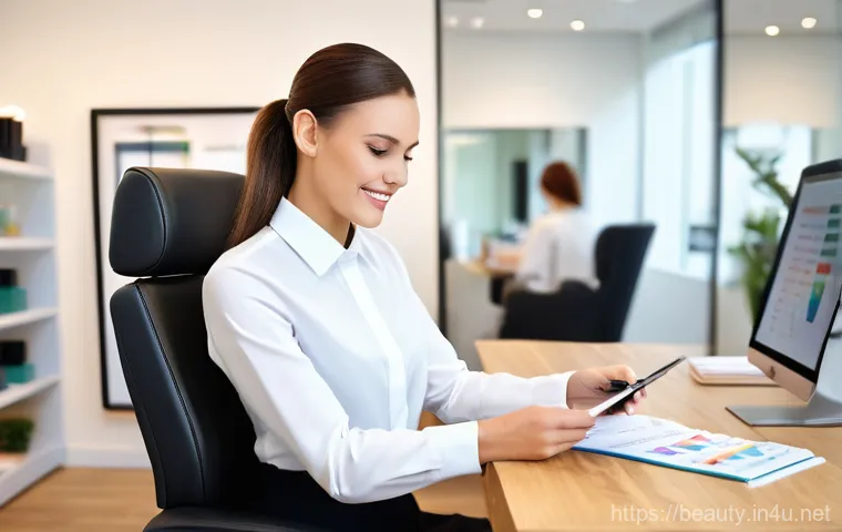 미용사 연봉 협상 전략 - **Image Prompt 1: Confident Self-Assessment and Data Analysis**
A determined female hairdresser ...