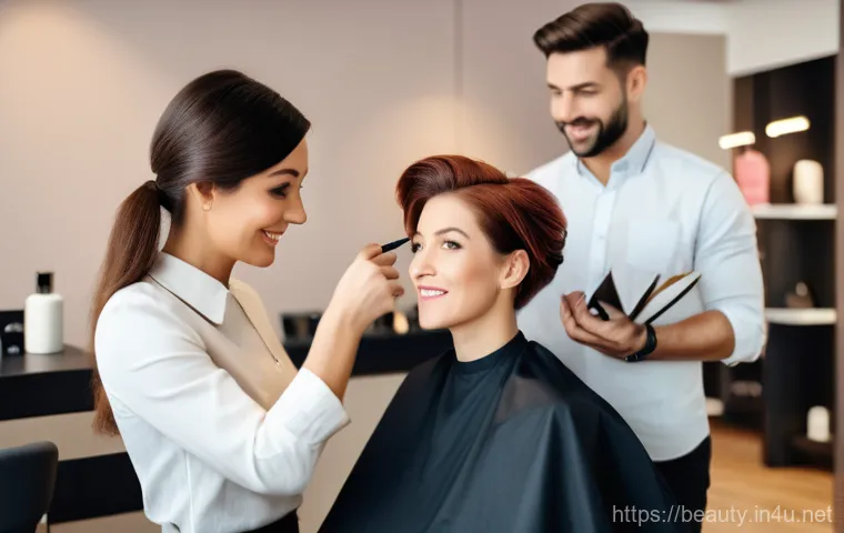 미용사 스케줄 관리 방법 - A female K-pop hair stylist, in her late 20s, with trendy yet professional attire, is standing comfo... 미용사 스케줄 관리 방법 - A female K-pop hair stylist, in her late 20s, with trendy yet professional attire, is standing comfo...