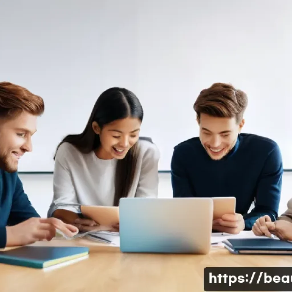 미용사 자격증 학습 커뮤니티 활용법 - A group of diverse young adults, aged 18-25, gathered around a modern, brightly lit table, collabora...