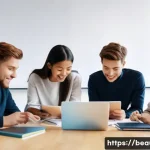 미용사 자격증 학습 커뮤니티 활용법 - A group of diverse young adults, aged 18-25, gathered around a modern, brightly lit table, collabora...