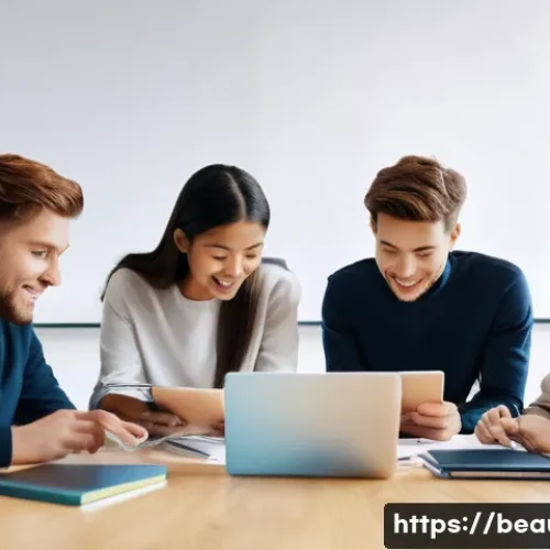 Home 24 미용사 자격증 학습 커뮤니티 활용법 - A group of diverse young adults, aged 18-25, gathered around a modern, brightly lit table, collabora...