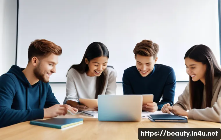 미용사 자격증 학습 커뮤니티 활용법 - A group of diverse young adults, aged 18-25, gathered around a modern, brightly lit table, collabora...