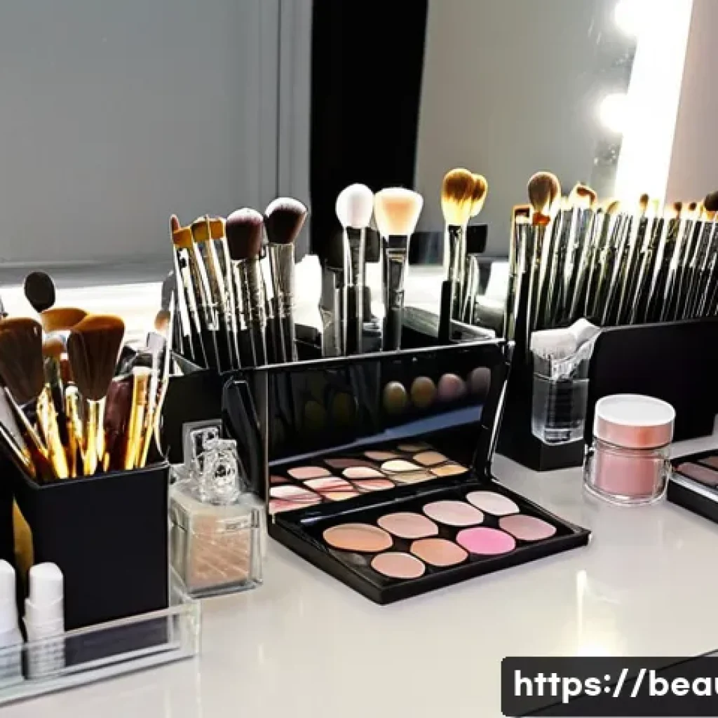 메이크업 자격증 시험 준비 필수 도구 - **Prompt 1: The Meticulous Makeup Station**
A clean, well-lit studio space showcases a professio...