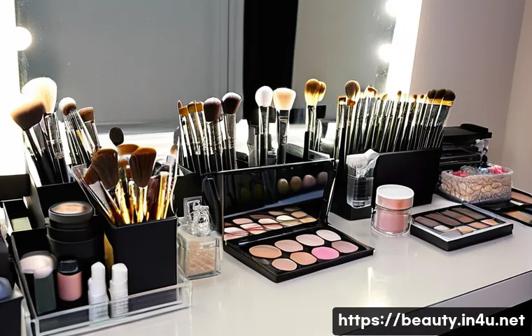 메이크업 자격증 시험 준비 필수 도구 - **Prompt 1: The Meticulous Makeup Station**
A clean, well-lit studio space showcases a professio...
